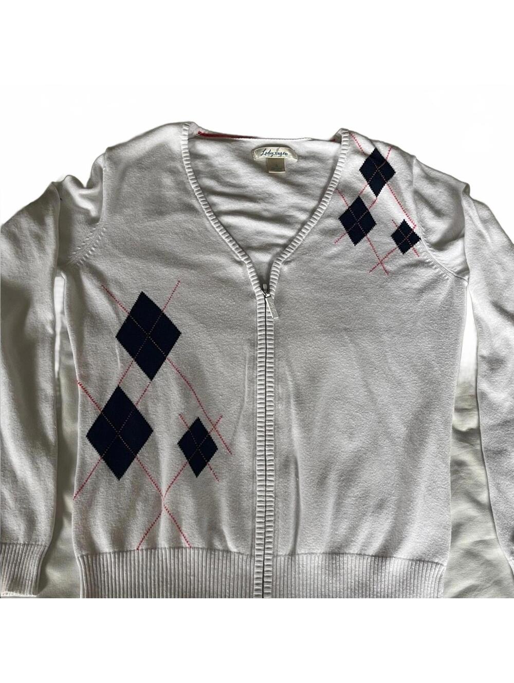 Lady Hagen White Navy Argyle Zip-Up Cardigan Golf Sweater